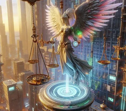 a statue of an angel on top of a scale