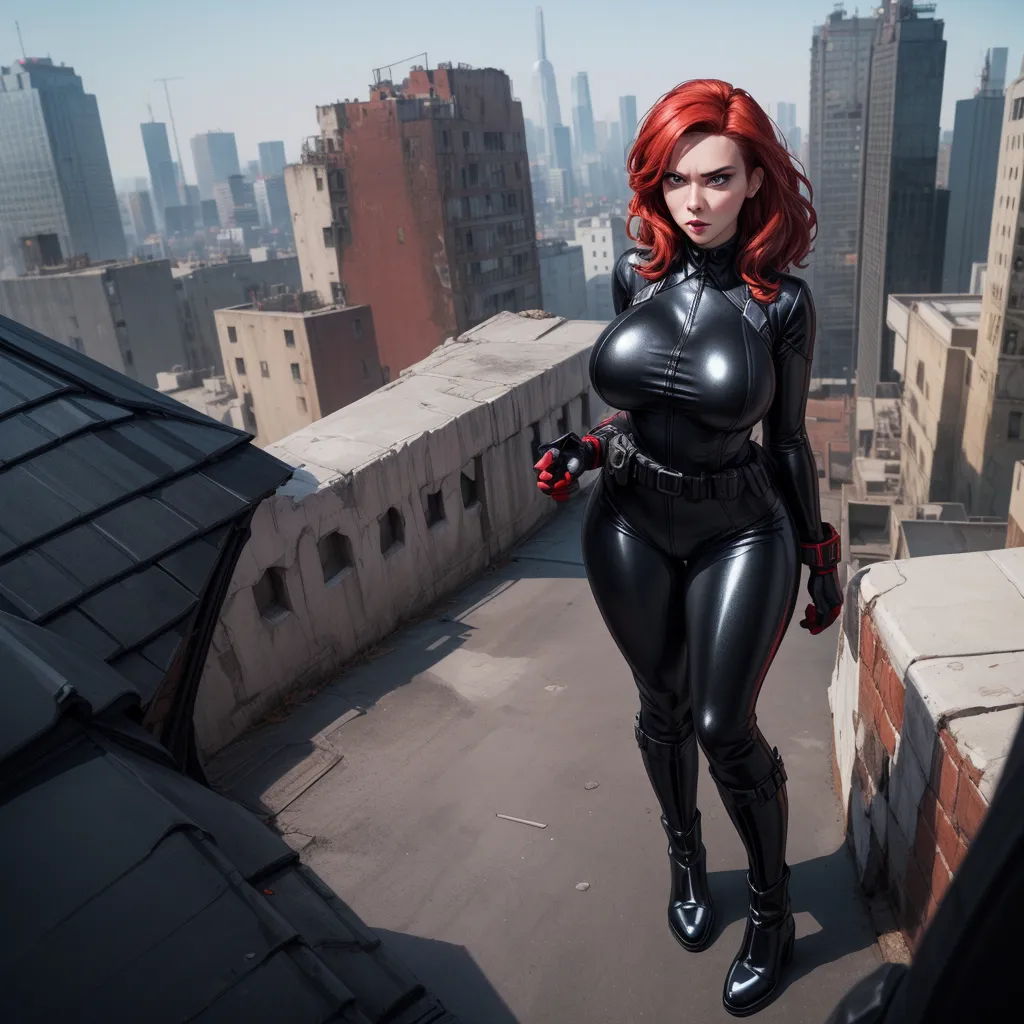 a woman in a black catsuit standing on a rooftop