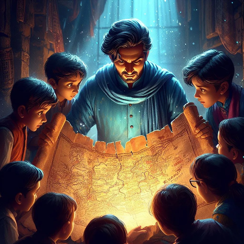 man unfurls an ancient, tattered map in front of the awe-struck children, with its routes and mysteries glowing faintly under the light of his magical lamp, signaling the start of their treasure hunt.