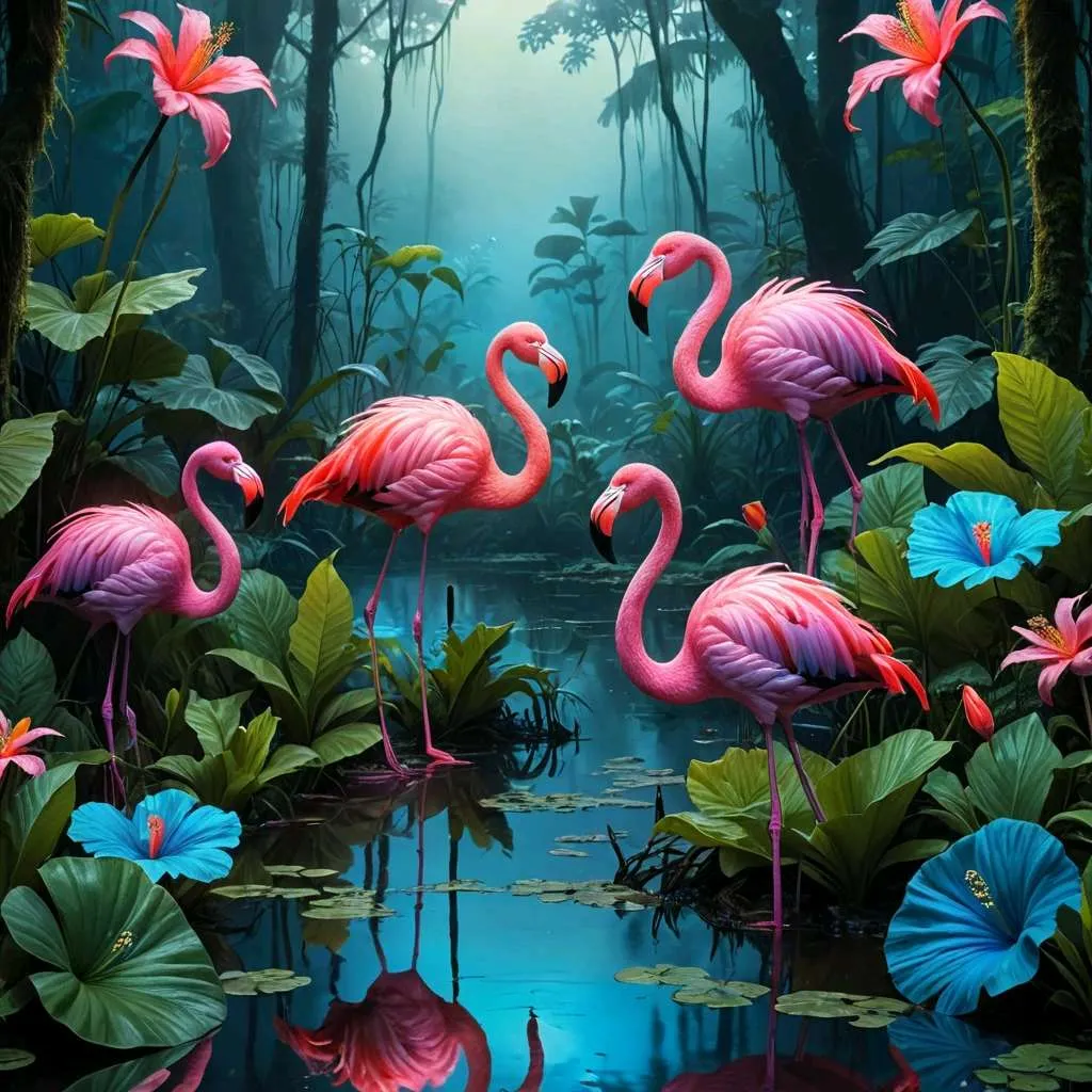 magic neon glowing flamingos  move there heads looking around in the jungle. fabulous flamingos everywhere.  beautiful.  gorgeous.  ultrarealistic, high definition, Attention to detail, Lifelike, amazing , advertising style