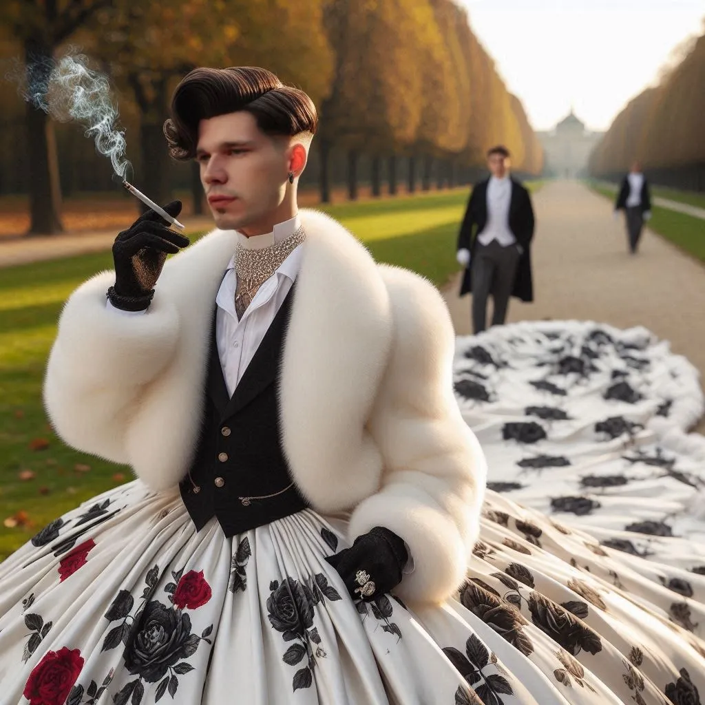 a man in skirt of long train a suit and tie smoking a cigarette