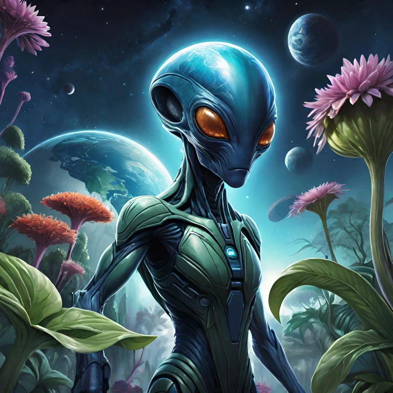 an alien standing in a field of flowers