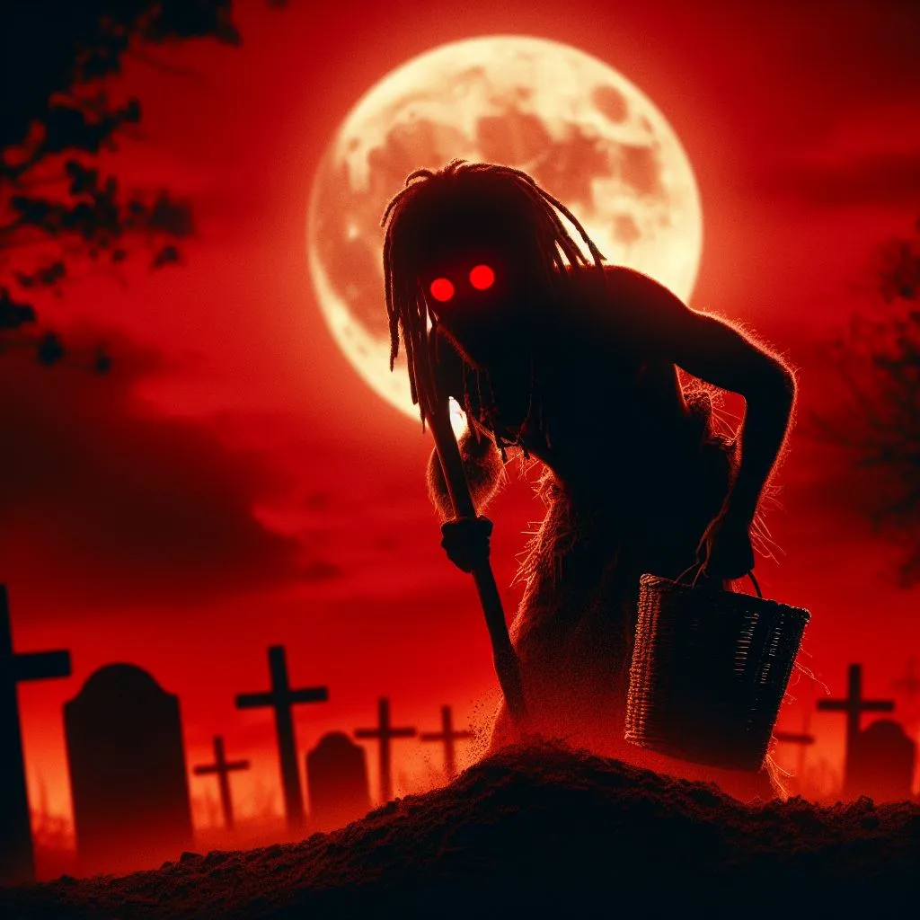 a creepy man standing in front of a full moon, digging a hole