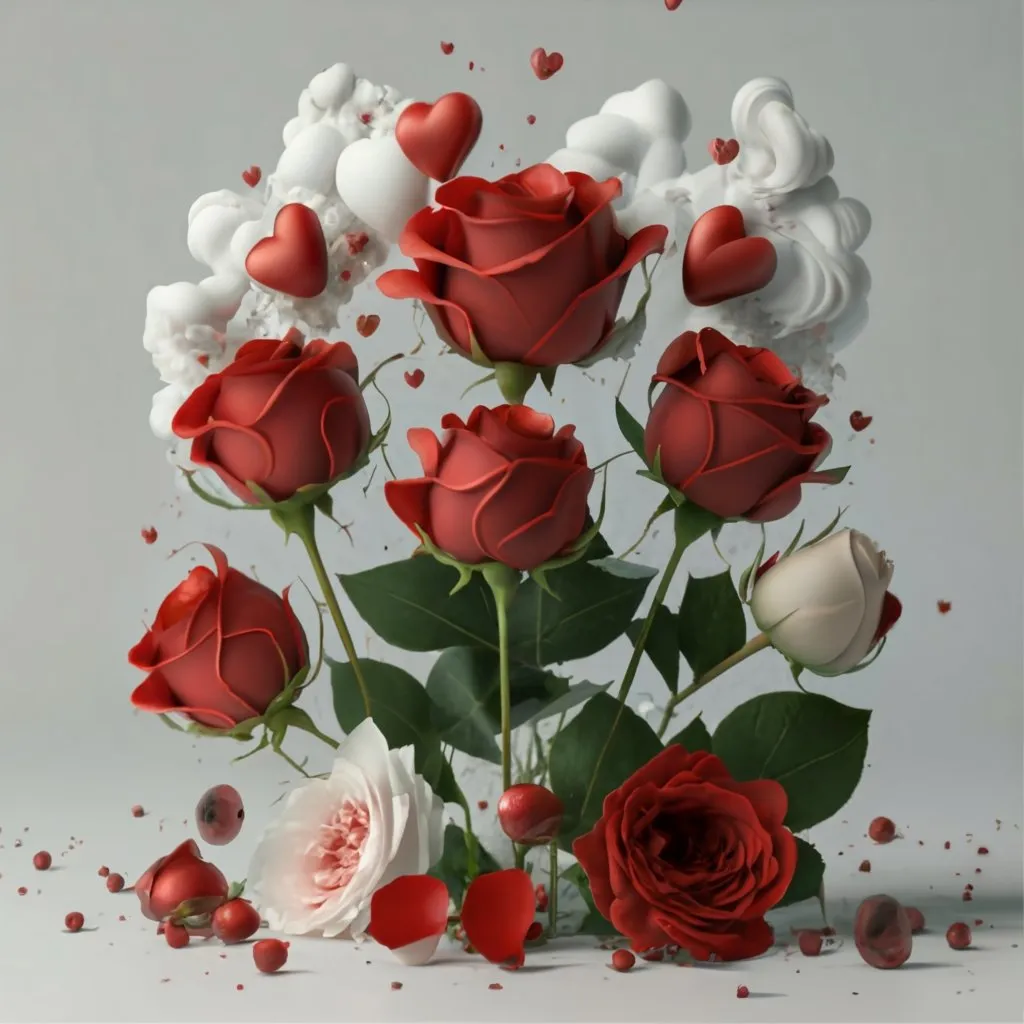 a bouquet of red and white roses surrounded by hearts