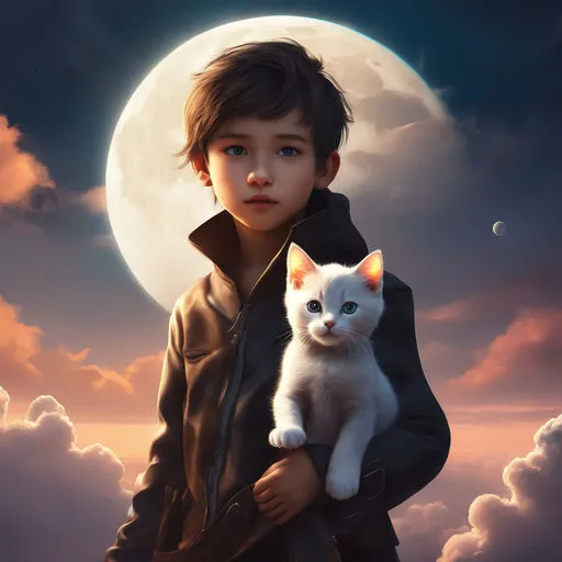 a young boy holding a white kitten in front of a full moon