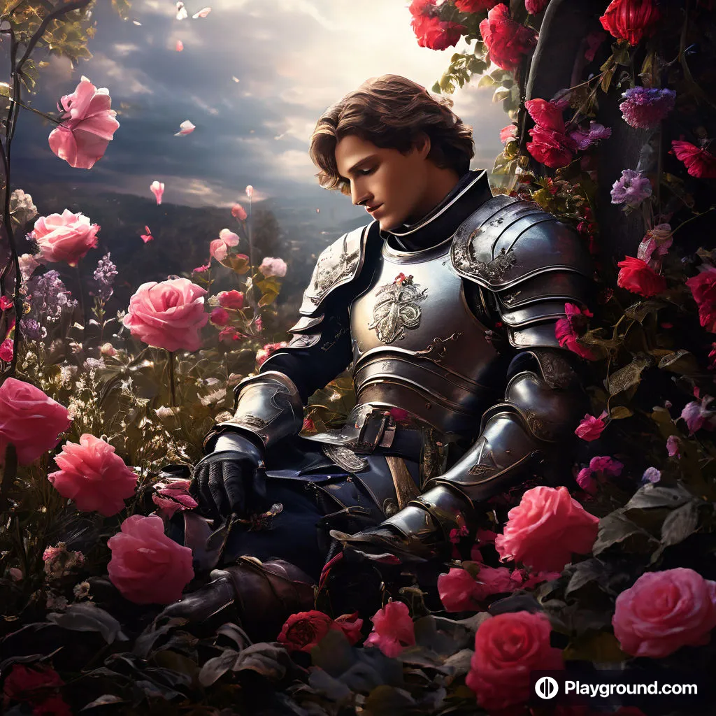 a man in armor sitting in a field of flowers