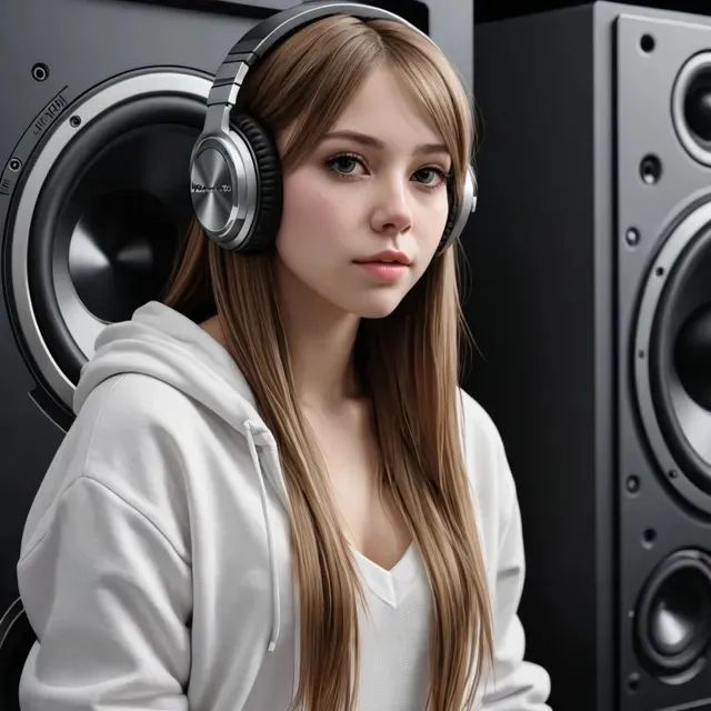 a girl wearing headphones sitting in front of a speaker