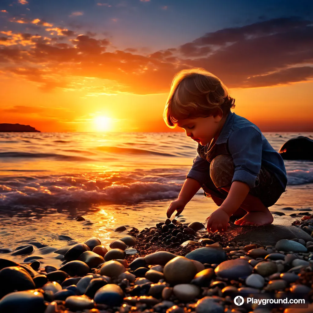 a little boy playing on the beach at sunset