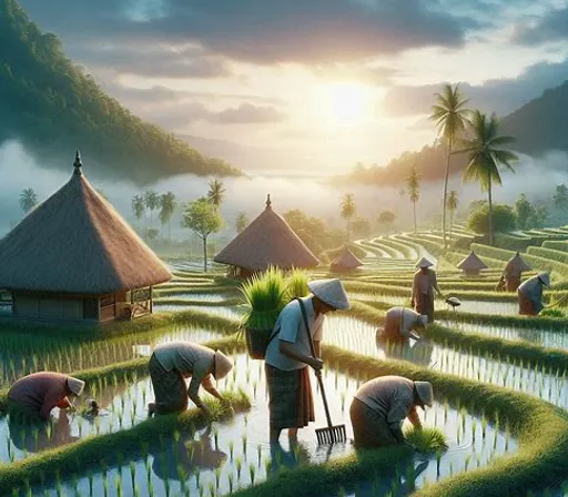 a painting of people working in a rice field