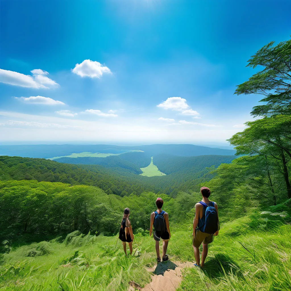 three people are walking up a grassy hill