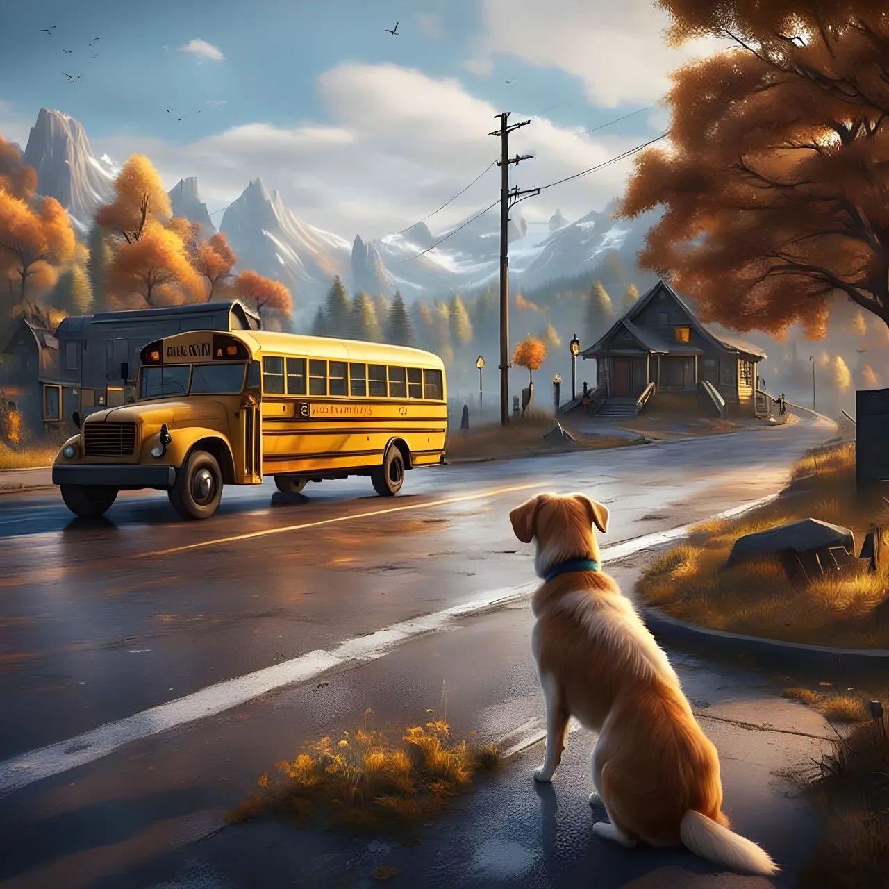 a dog sitting on the side of a road next to a school bus