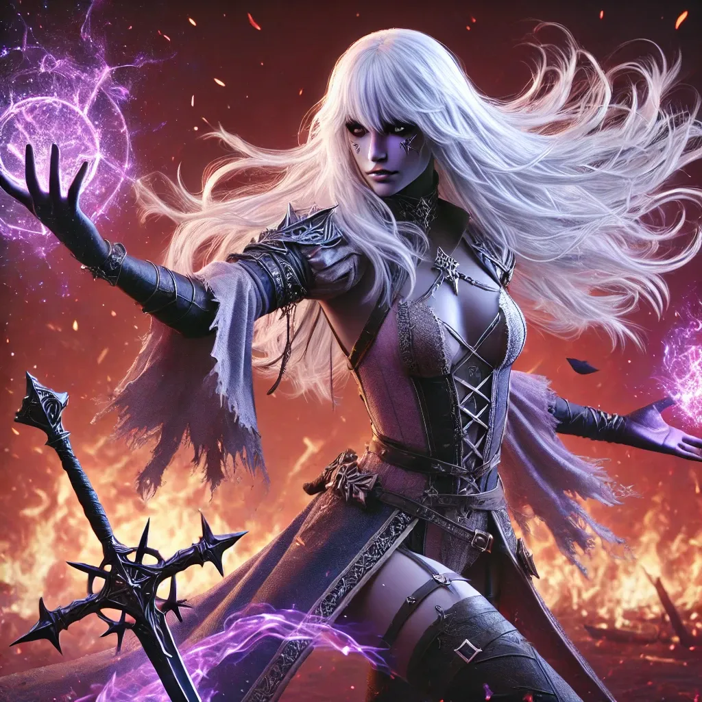 a woman with long white hair holding a sword