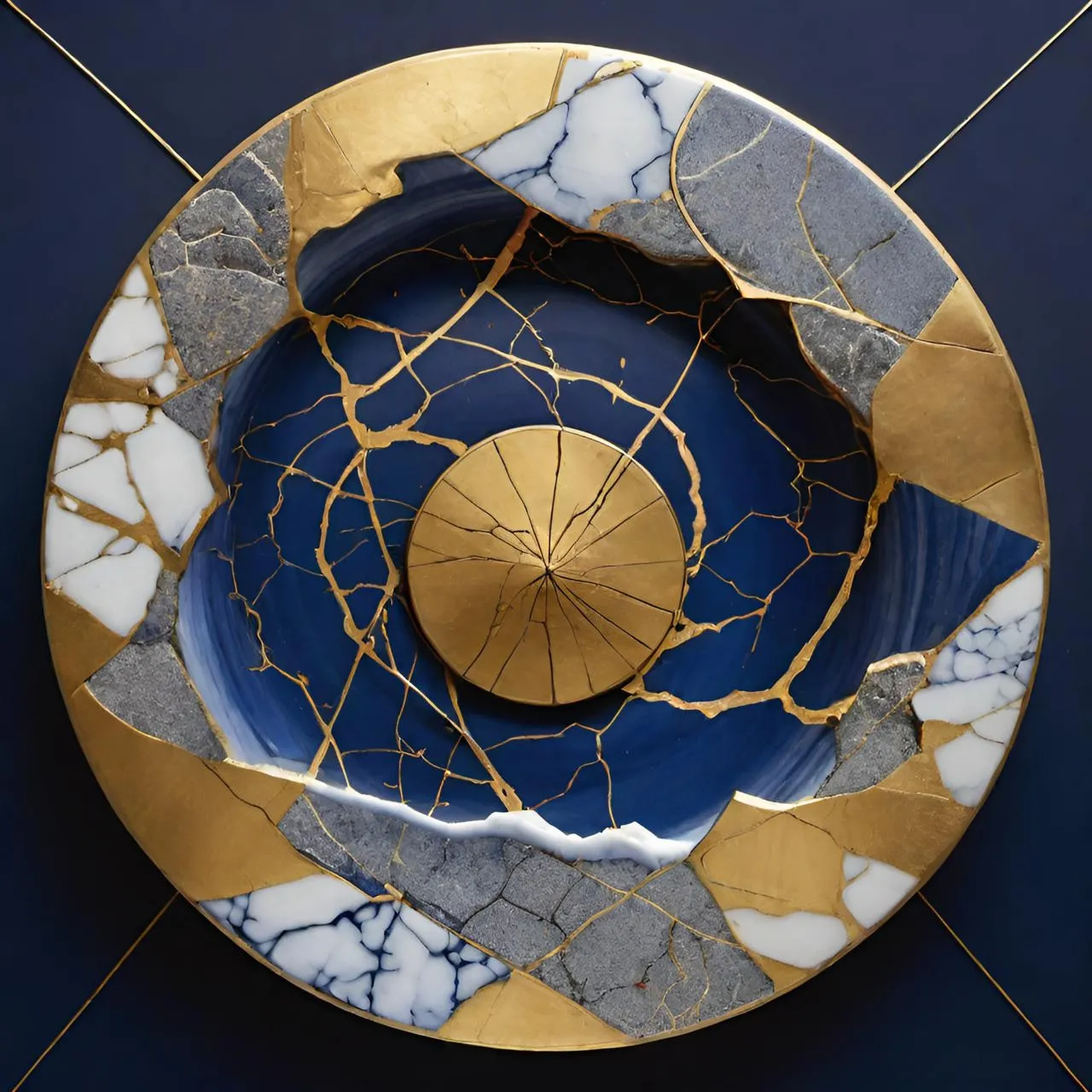 a blue and gold plate with a gold umbrella on it