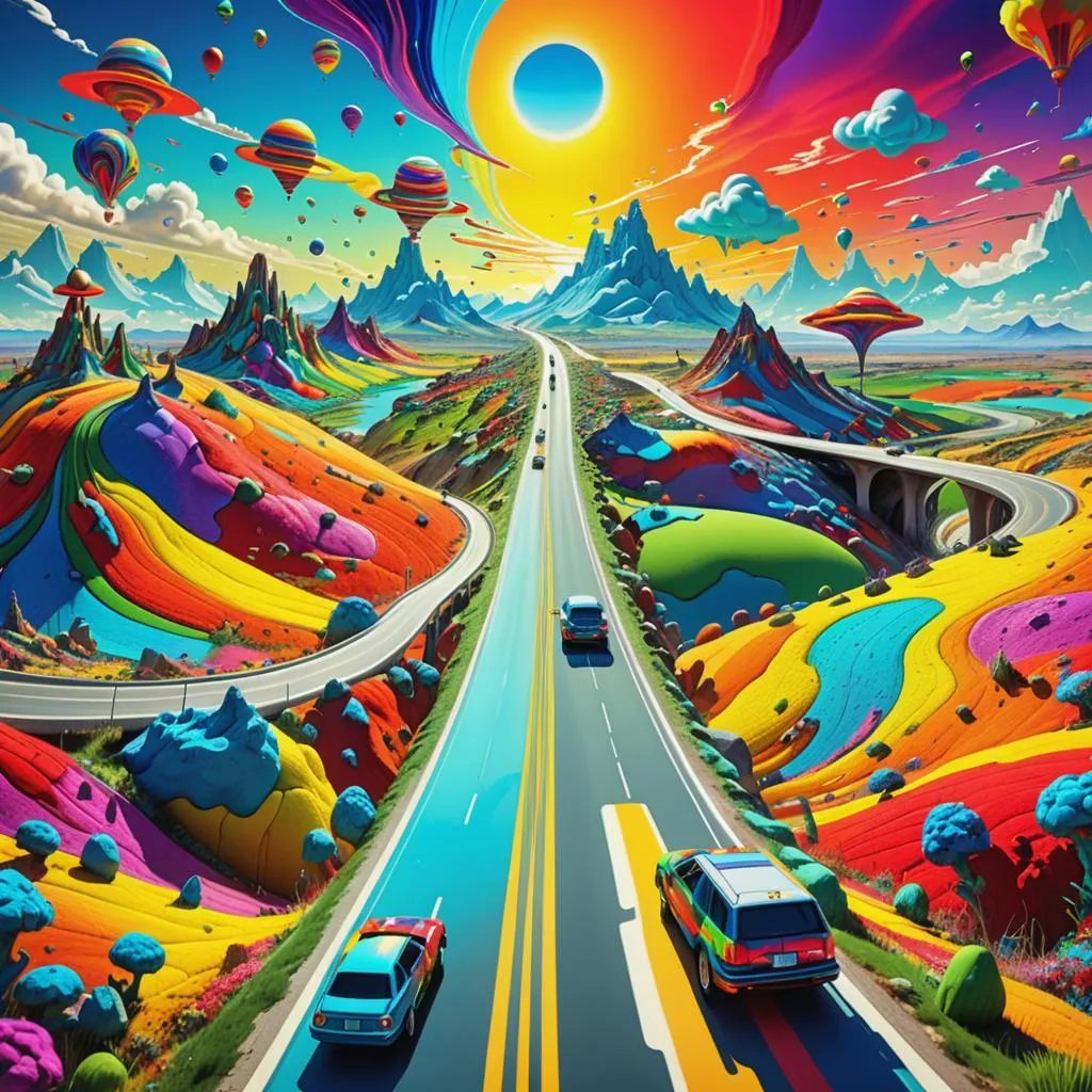 a painting of cars driving down a road