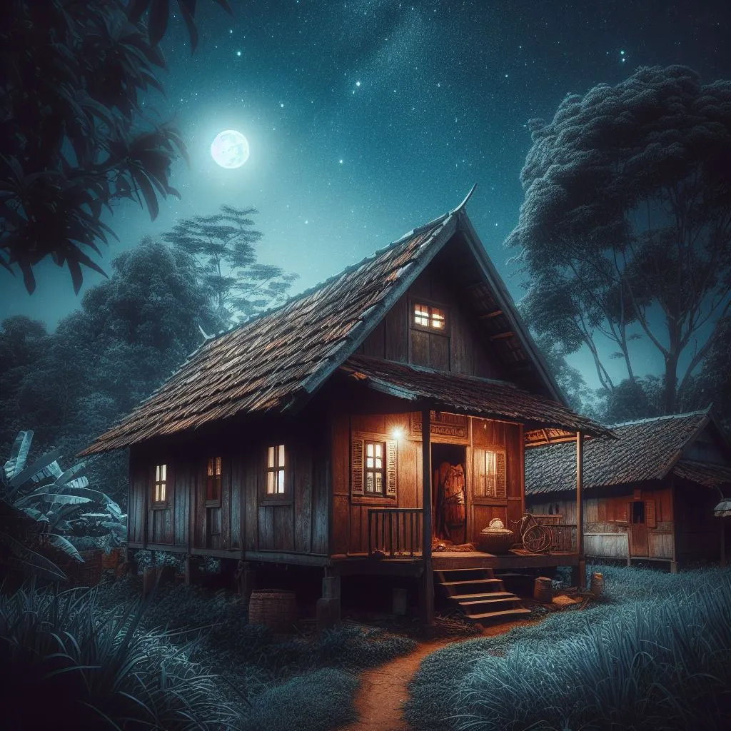 a cabin in the woods at night with a full moon