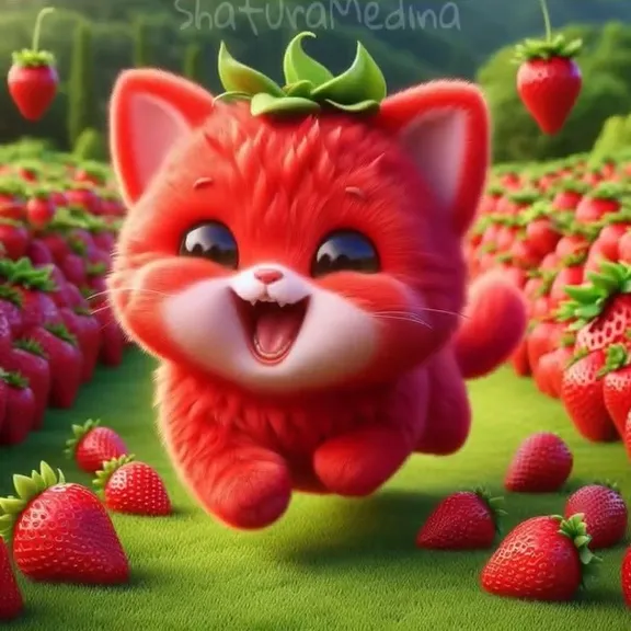 a red cat with a green bow running through a field of strawberries