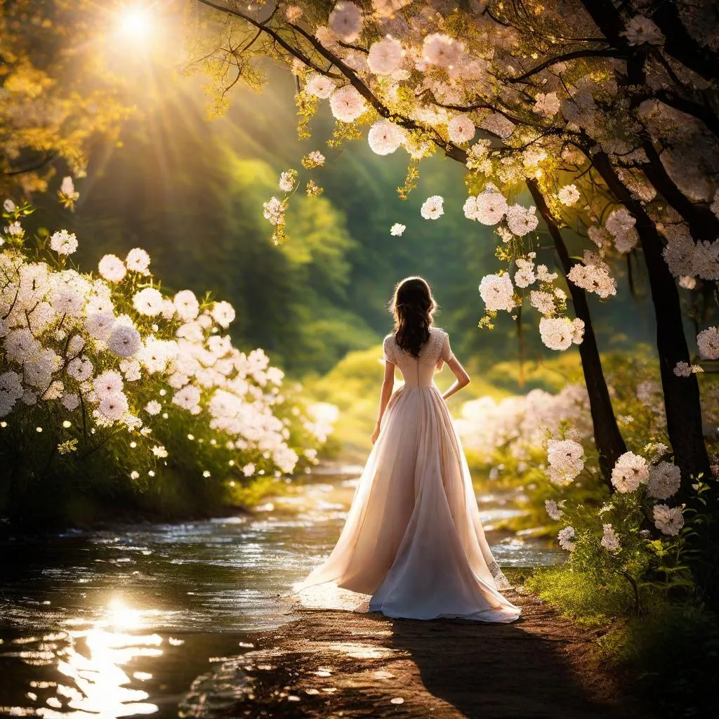 a woman in a long dress standing on a path next to flowers