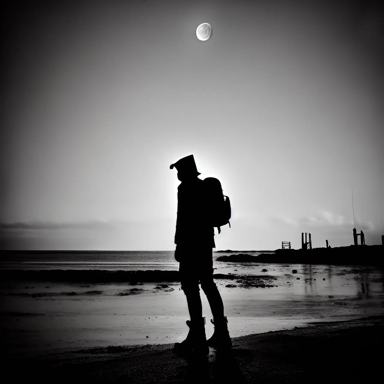 a person standing on a beach with a backpack