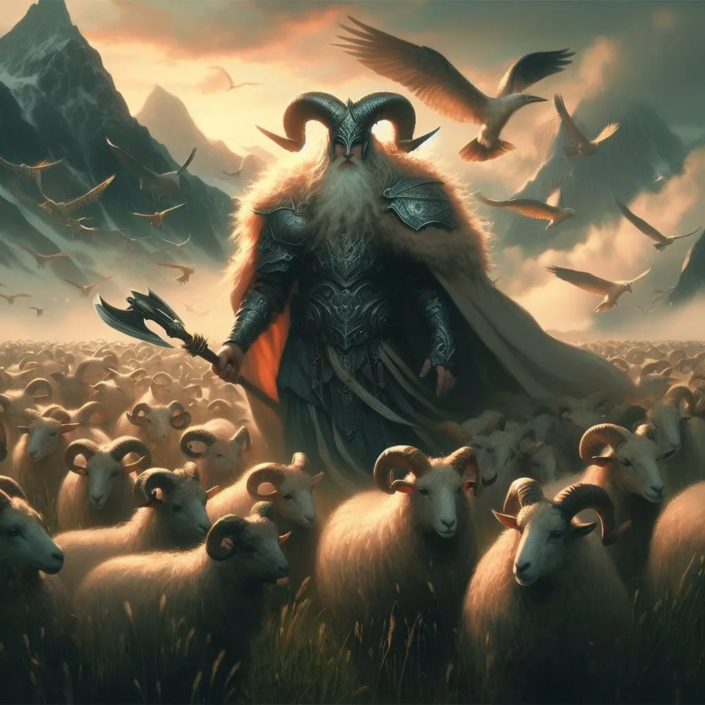 a painting of a man surrounded by sheep