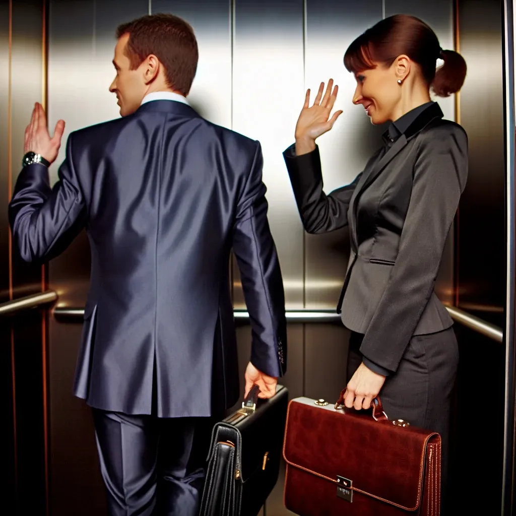 a man and a woman in business attire walking down an elevator