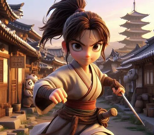 a cartoon character holding a sword in front of a building