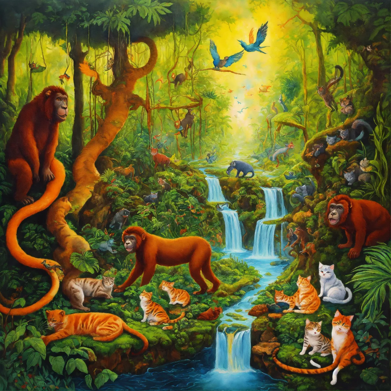 a painting of many animals in a jungle