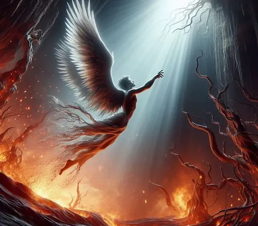 a painting of an angel flying over a forest