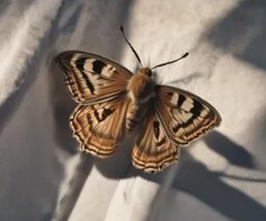 a brown and black butterfly sitting on top of a white sheet