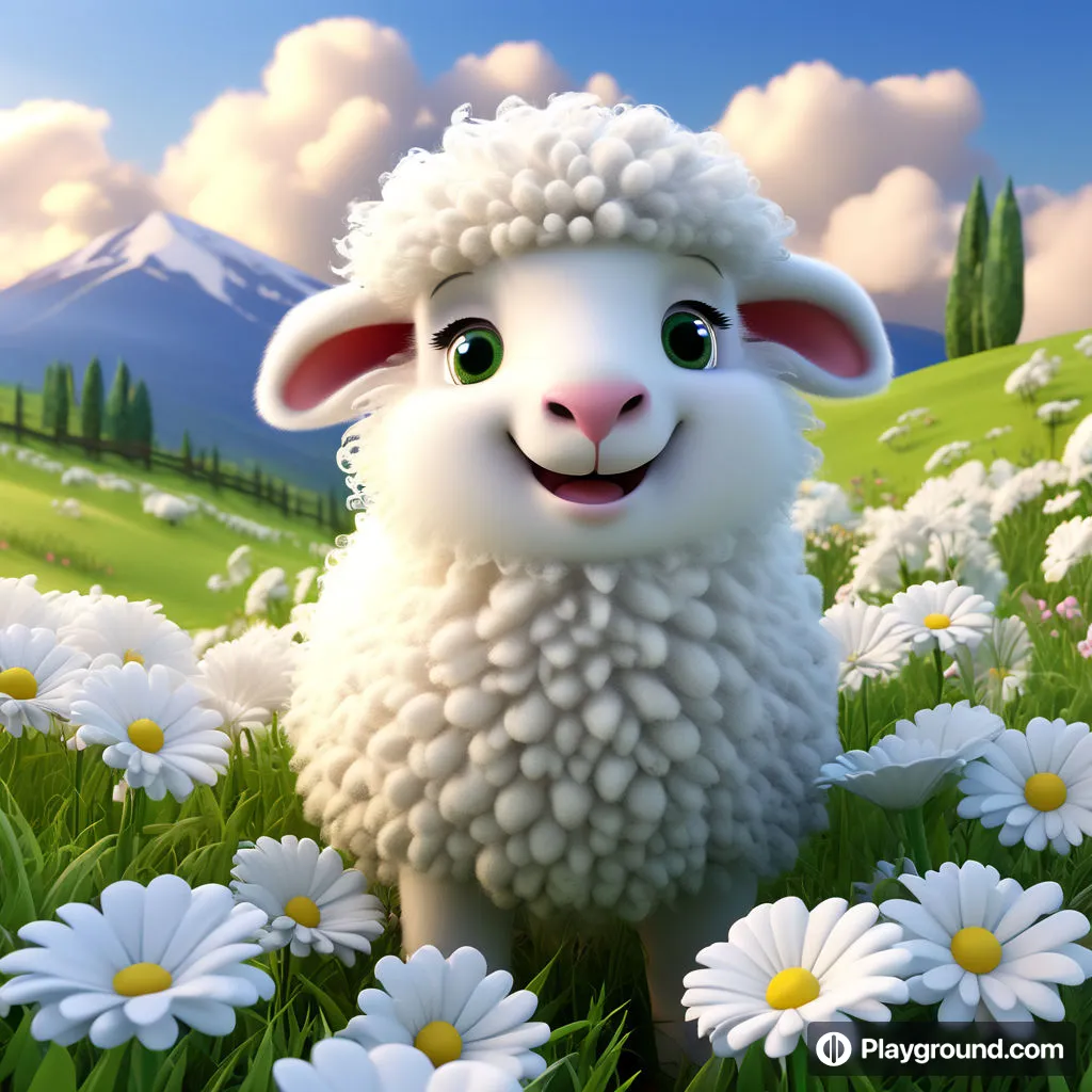 a cartoon sheep standing in a field of daisies