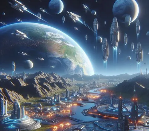 a futuristic city surrounded by planets and stars