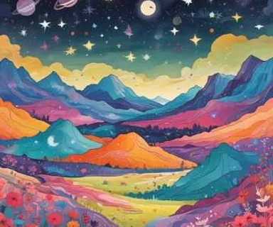 a painting of a landscape with mountains and stars