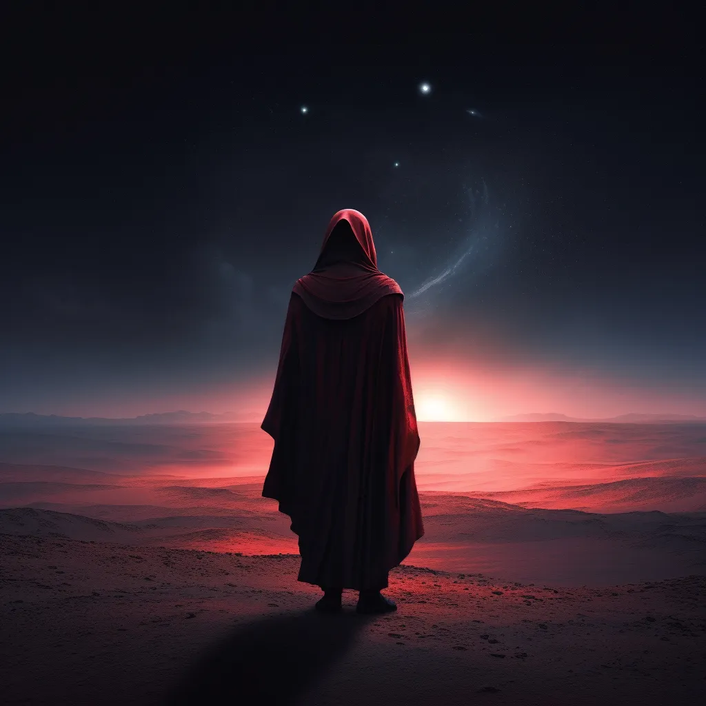 a person in a red cloak looking at the sky