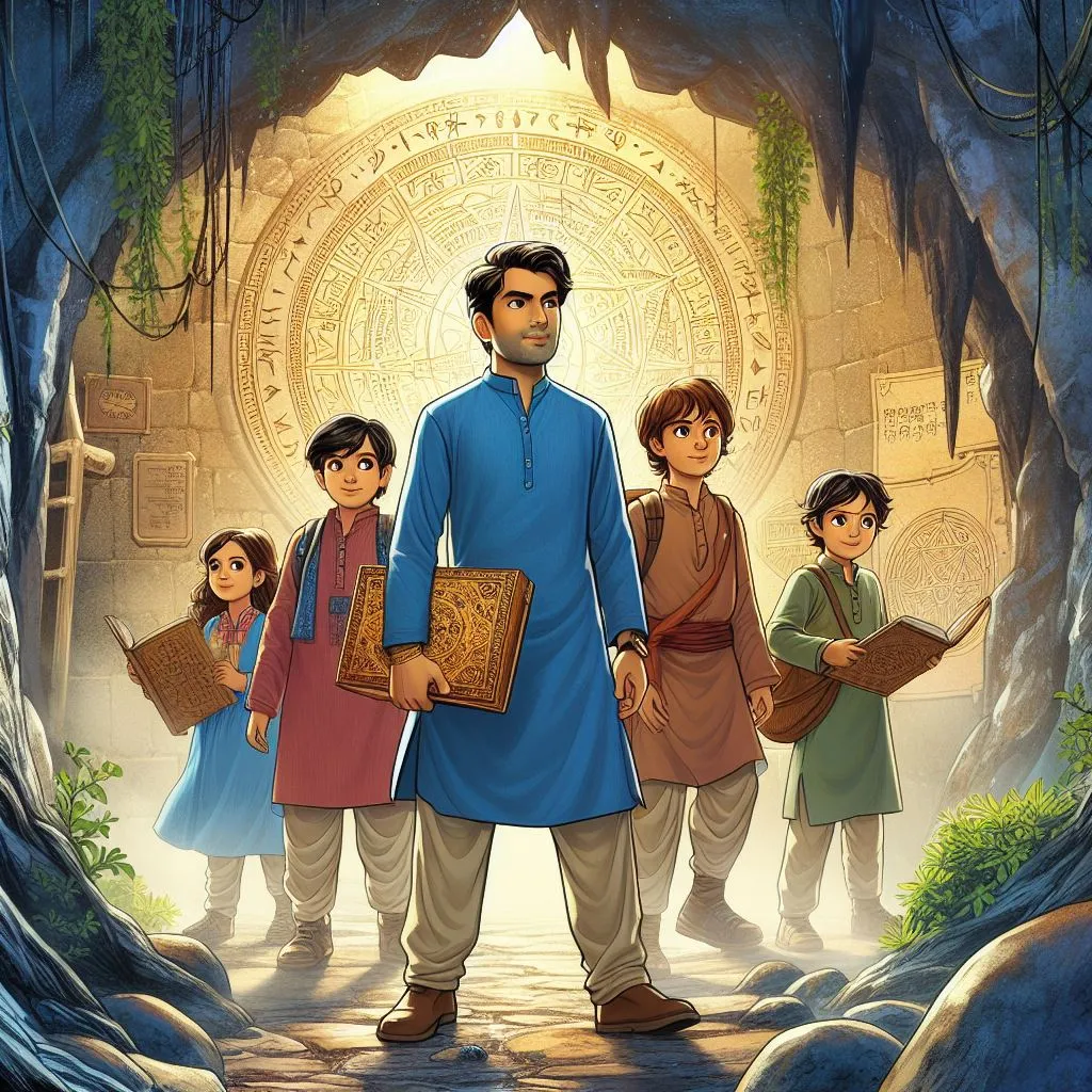 Illustrate a scene where Manohar Chachaji and the children, equipped with ancient maps and magical compasses, stand at the edge of a hidden cave, the entrance of which is marked by ancient runes. The group looks ready to dive into the adventure, with excitement and determination in their eyes.