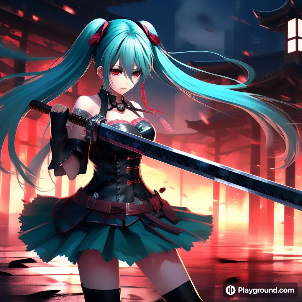 a girl with long blue hair holding a sword