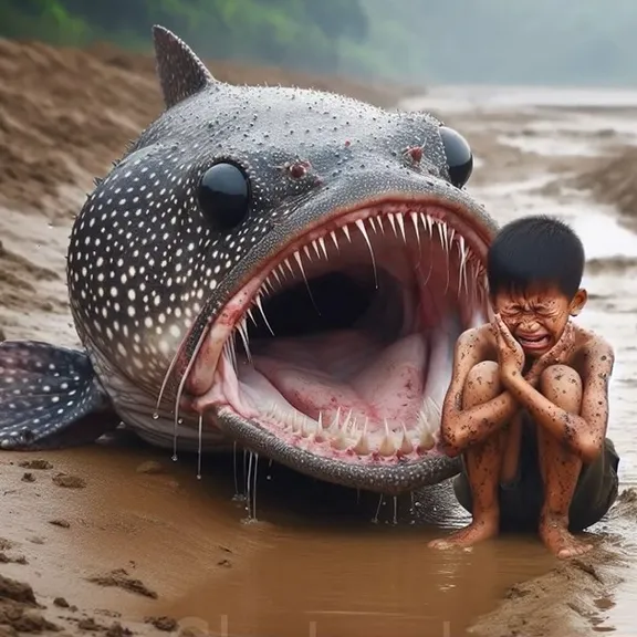 a little boy sitting next to a giant fish on a dirt road