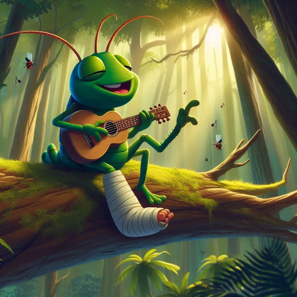 a bug playing a guitar while sitting on a tree branch