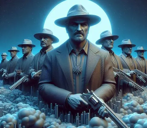 a group of men with guns in front of a full moon