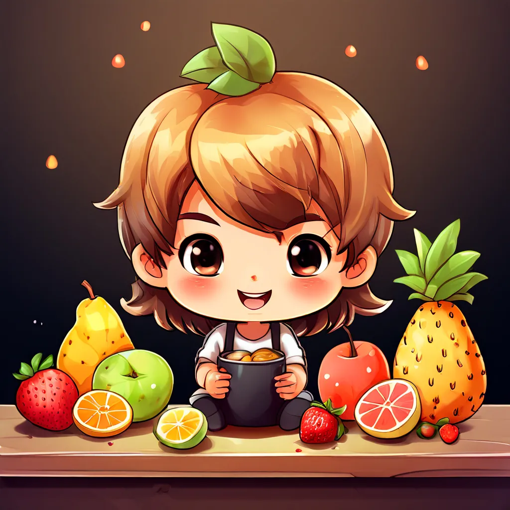 a little girl sitting on a table surrounded by fruits