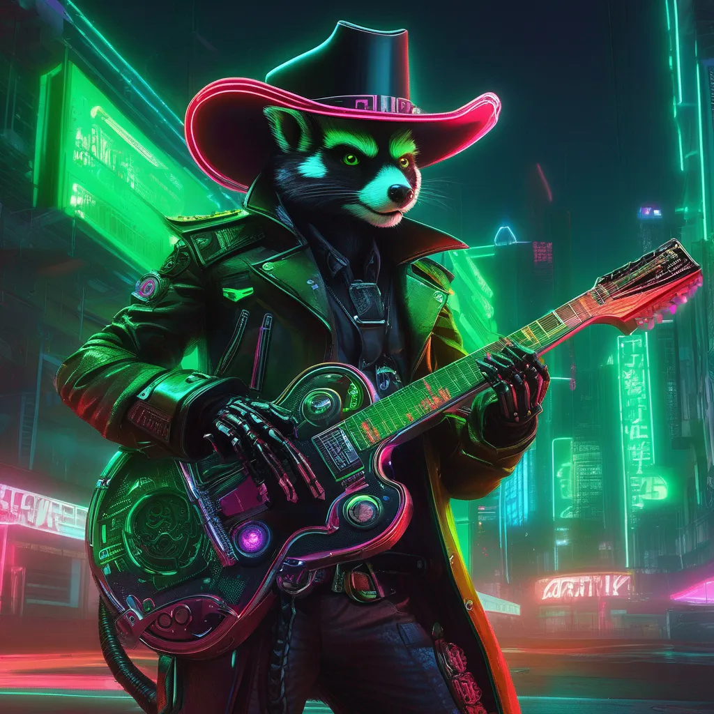 a man with a guitar in a neon city