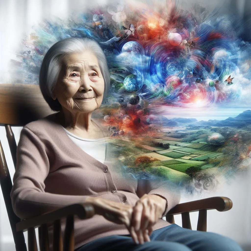 an elderly woman sitting in a rocking chair in front of a painting