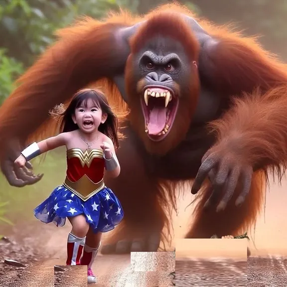 a little wonder woman running away from giant gorilla-monster