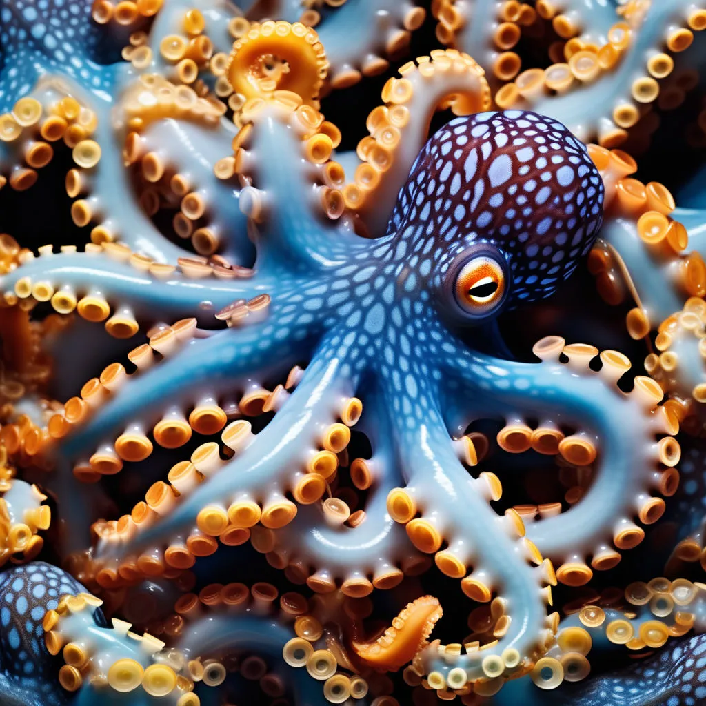 a close up of a blue and yellow octopus