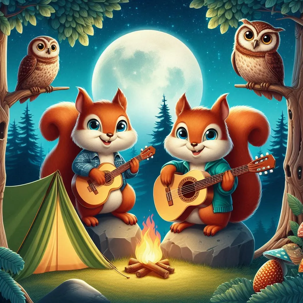 a painting of two squirrels playing guitar in front of a campfire