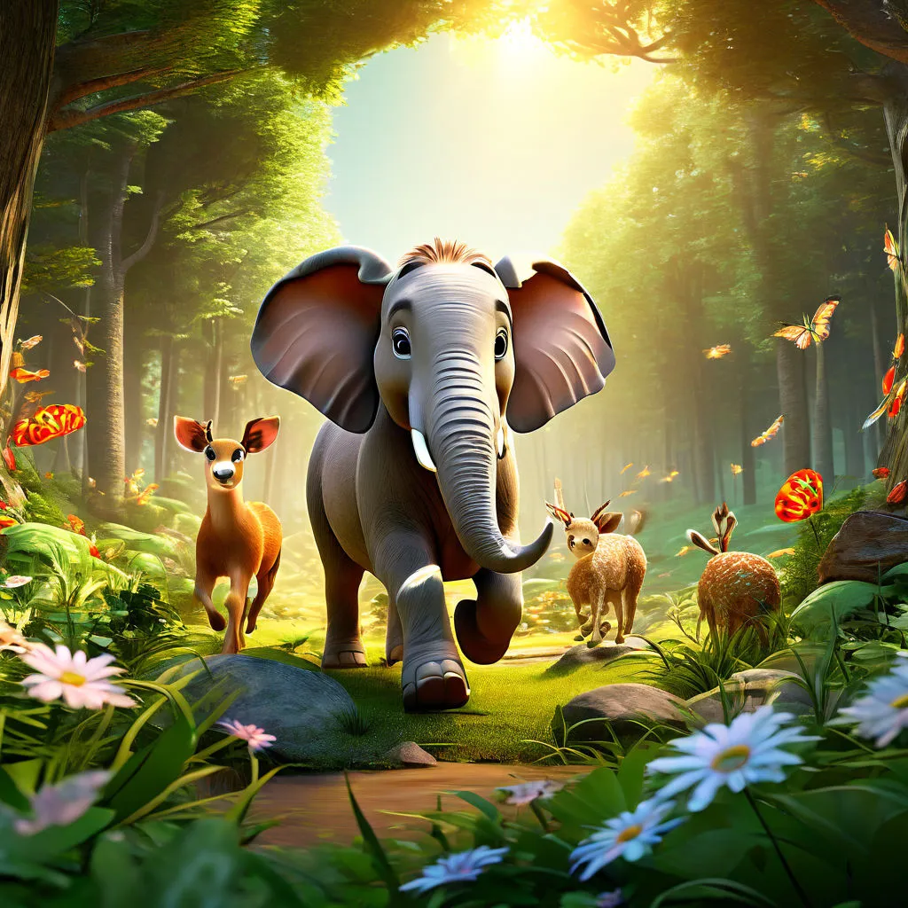 an elephant and some deer in a forest make the animals moving 