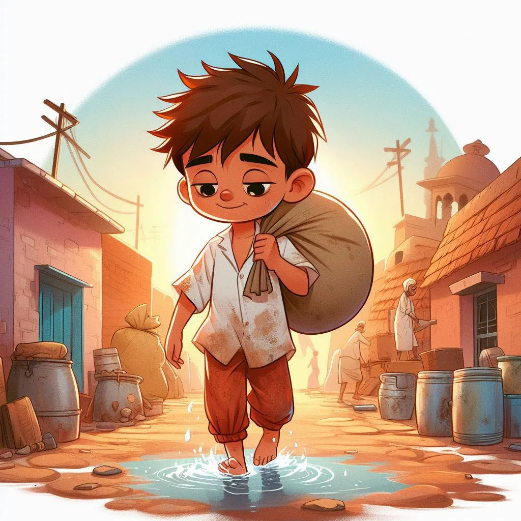 a young boy carrying a bag across a puddle of water