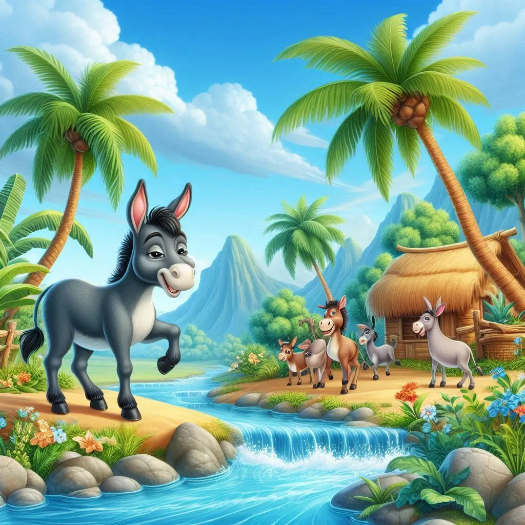 a donkey running through a jungle with other animals