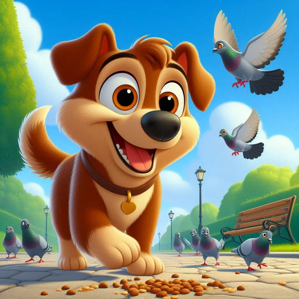 a cartoon dog standing in front of a bunch of birds