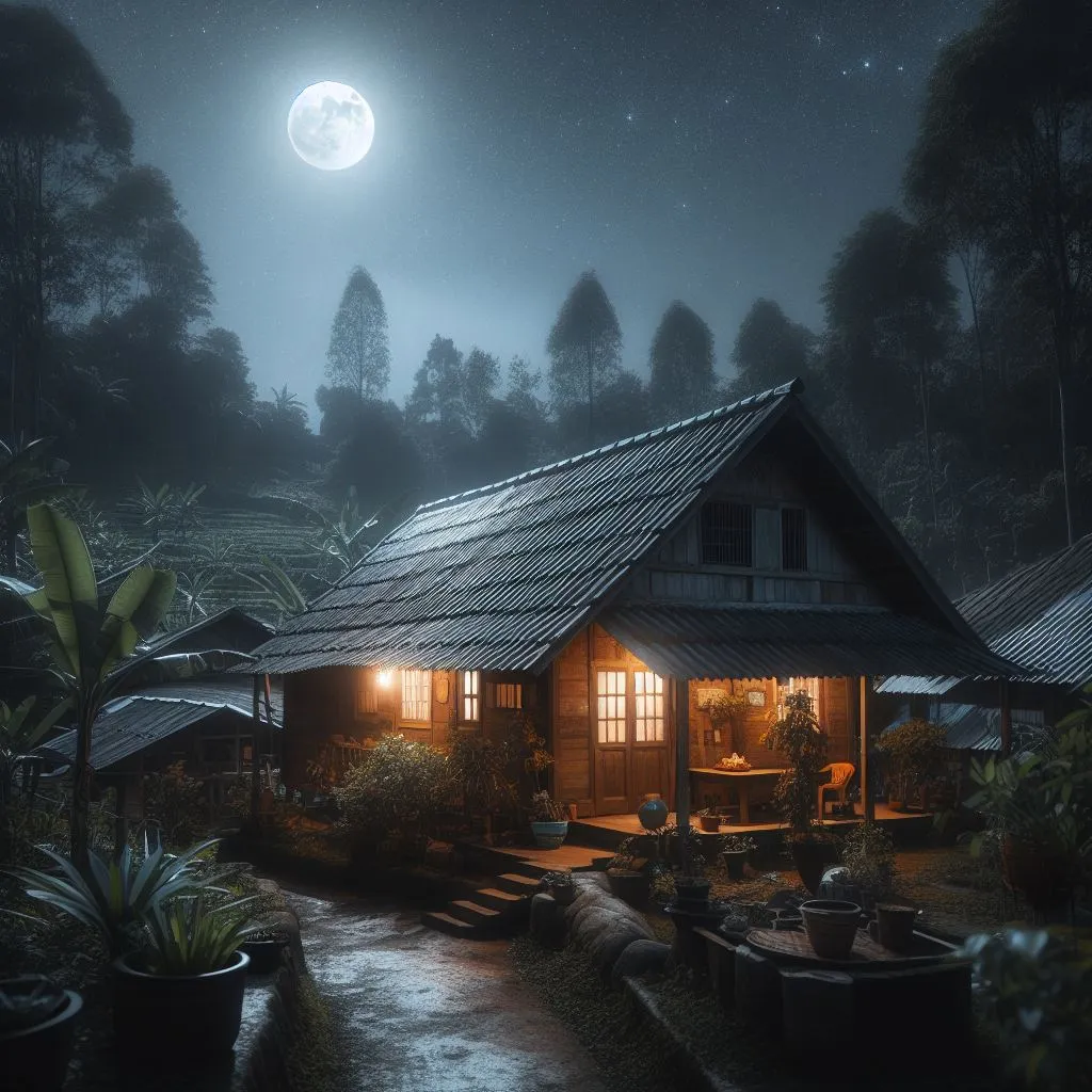 Cabin on a misty mountain, illuminated by a bright full moon against a deep blue sky