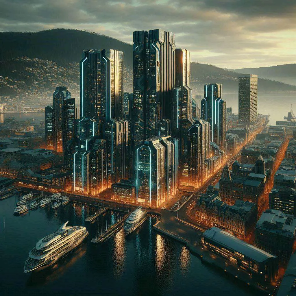 Futuristic cityscape with rippling waves and billowing clouds and bustling city streets, cinematic, realistic, photographic, high resolution , advertising style