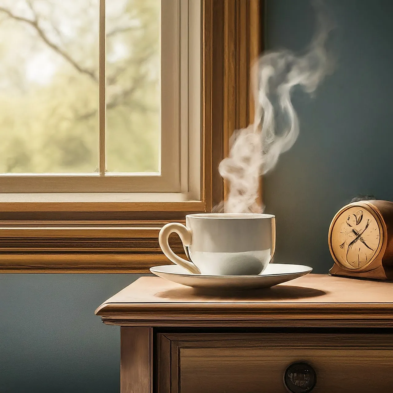 a steaming cup on a table next to a clock